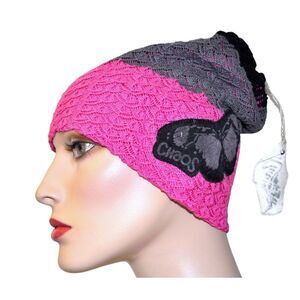 NWT Chaos 'Angelina' knit Beanie hat Bright Pink Gray Black Butterfly Free ship